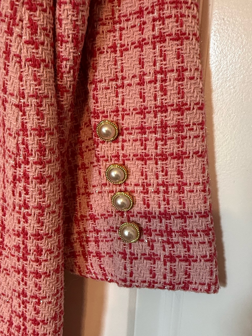 NWT Nanette Lapore SZ 12 Pink Tweed Long Sleeve Dress Faux Pearl Buttons - Picture 5 of 11